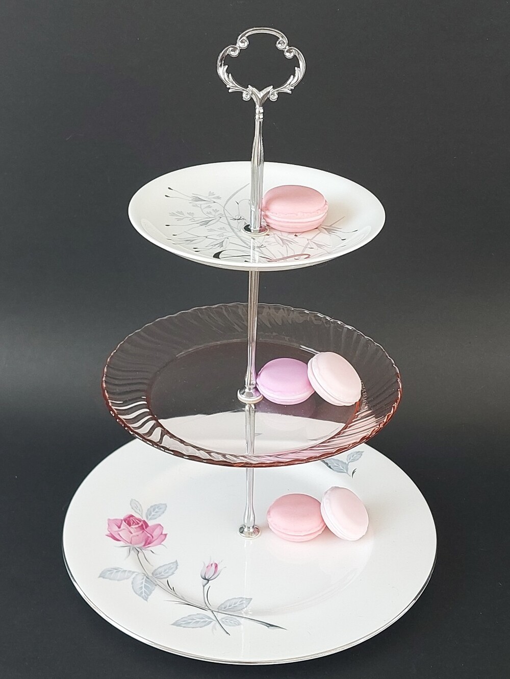 Mismatched 3 Tier Serving Stand Bone China Pink Glass Dessert Tower